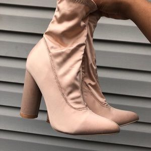 Cream heeled pointed toe sock boots booties